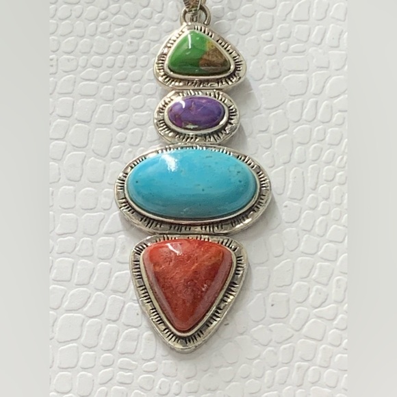 Designer NF 925 Sterling Silver Multicolor Stone Pendant  Necklace - 18” - Picture 2 of 13